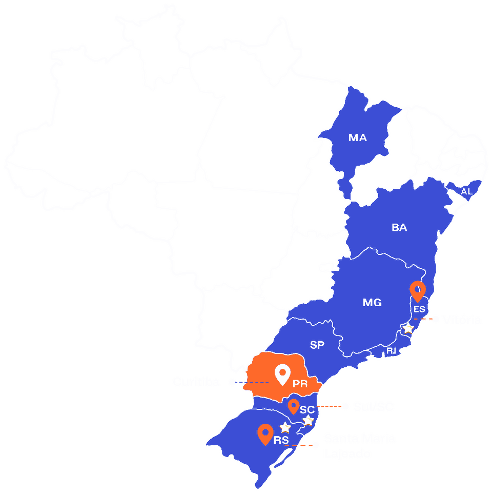 Mapa do Brasil com a presença da Stars: matriz em Curitiba (PR), unidades em Vitória (ES), Sul de Santa Catarina e Lajeado e Santa Maria (RS), e estados com negócios investidos